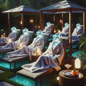 Tranquil Outdoor Spa Garden with Anthropomorphic Crystal Loungers
