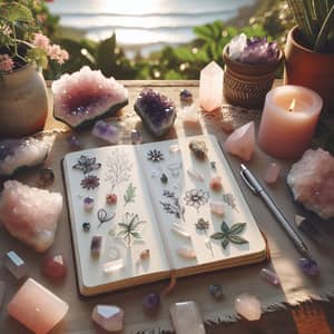 Serene Journaling Scene with Crystals for Self-Care and Growth