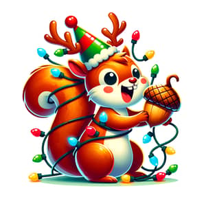 Cheerful Cartoon Squirrel Illustration with Party Hat & Christmas Lights