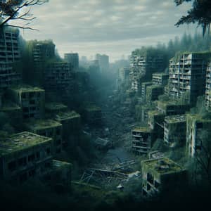 Apocalyptic Cityscape: Decaying Buildings and Overgrown Moss