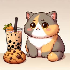 Cute Cat Enjoying Boba Tea and Cookie | Adorable Pet Image