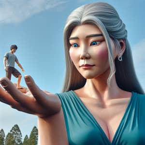 Giantess of East Asian Descent and Tiny Caucasian Figure
