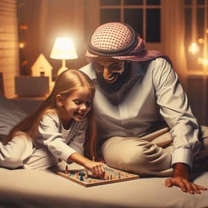 Young Caucasian Girl and Middle-Eastern Man Enjoying Joyous Activity on Bed