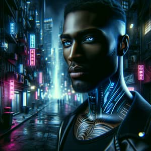 Cyberpunk Cityscape with Cybernetically Enhanced Black Man