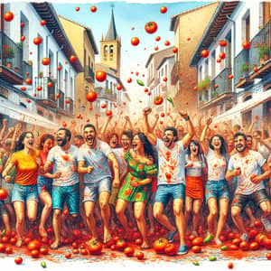Vibrant Watercolor Illustration of La Tomatina Spanish Festival