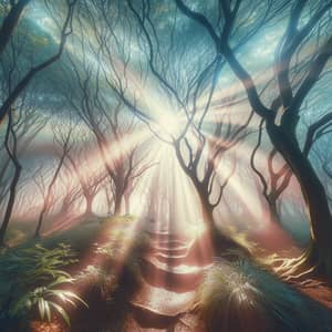 Mystical Forest with Sunlight Rays - Dreamy Pastel Colors