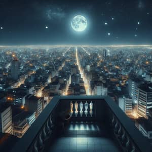 Night Cityscape with Full Moon: Serene Views from High Balcony