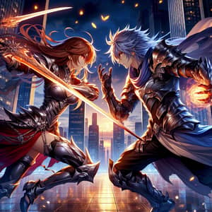 Anime Fighting: Epic Duel in Urban Landscape at Dusk