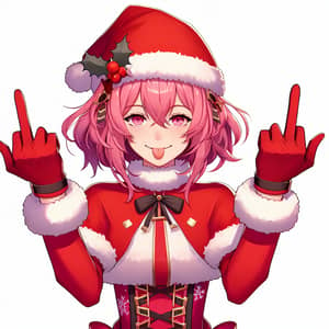 Festive Pink-Haired Anime Woman | Cheeky Santa Gesture