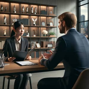 Professional Job Interview Scene with Asian Female Interviewee and Caucasian Male Interviewer