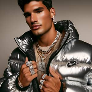 Stylish Male Supermodel in Nike Puffer Jacket & Bling