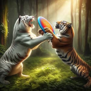 White and Brown Tigers Playful Frisbee Battle