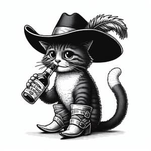 Stylish Feline Character Sipping Beverage in Boots and Hat