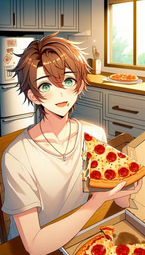 Teenage Anime Boy Enjoying Pepperoni Pizza | Illustration