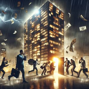 Intense Rain-Soaked Cityscape with High-Tech Apartment Building