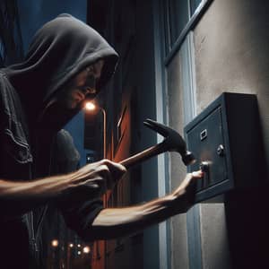 Dark Late-Night Scene with Hooded Intruder Breaking into Secured Box