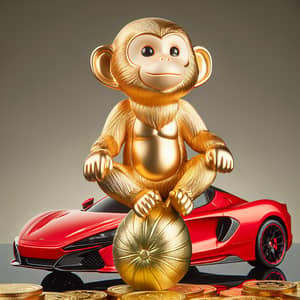 Golden Monkey Sitting on Luxurious Red Sports Car