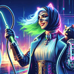 Futuristic Cat Lady with Cybernetic Arm in Neo Aesthetic