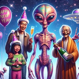 Extraterrestrial New Year Celebration with Multicultural Humans