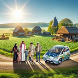 Diverse Group Using Eco-Friendly Car in Rural Scene