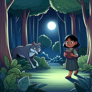 Girl Encounters Wolf in Nighttime Forest - Cartoon Style