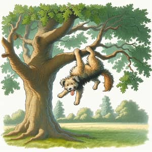 Whimsical Dog Hanging From Oak Tree | Adventure Illustration