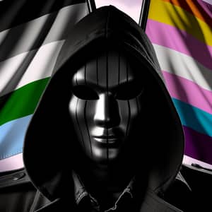 Mysterious Black Cloaked Figure with Anbu Mask | Aromantic & Pansexual Flags