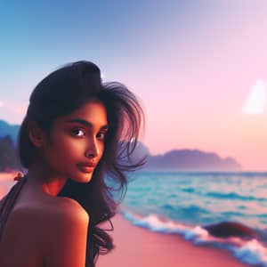 Serene South Asian Woman on Beach at Sunset | Seascape Inspiration