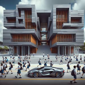 Modern School Structure with Luxury Car and Diverse Students