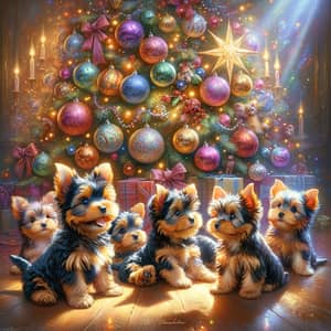 Adorable Yorkshire Terrier Puppies Play Around Christmas Tree