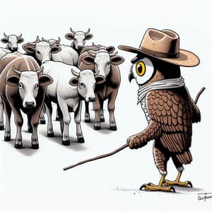 Humorous Owl Herding Cattle in Comic Style