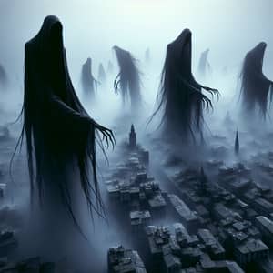 Eerie Cityscape with Shadowy Figures | Dreadful Fantasy Creatures