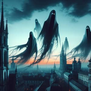 Mystical Gothic City Twilight Scene with Ethereal Figures