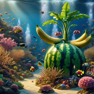 Underwater Watermelon and Banana Tree Scene | Coral Reef & Colorful Fish