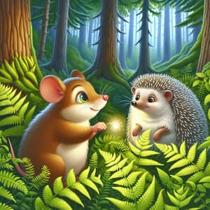 Chubby Mouse Lost in Woodland Guided by Wise Hedgehog