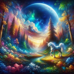 Mystical Forest with Unicorn: Moonlit Fantasy Scene