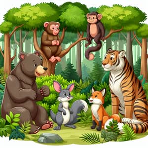 Forest Animals Chatting in Lush Wilderness Scene