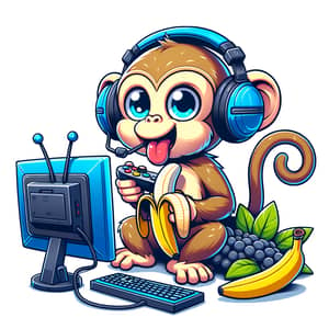 Monkey Streamer with High-Tech Setup Eating Banana & Gaming
