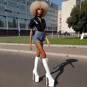 Tall Girl in Blonde Afro, Jean Shorts, Black Latex Bikini & White High Heel Boots