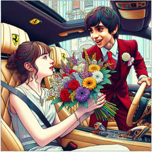 Young Gangster Boy Presents Bouquet in Ferrari: Animated Scene