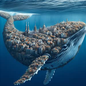 Barcelona Skyline Riding Majestic Whale - Urban Marine Spectacle