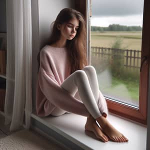 Pensive Young Girl in Pink Sweater by Window | Melancholy Scene