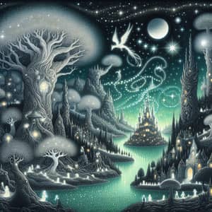 Enchanting Magical World Art | Silver Trees, Emerald River & Luminescent Creatures