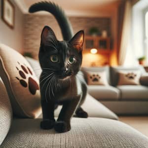 Sleek Black Domestic Cat Playing in Cozy Living Room