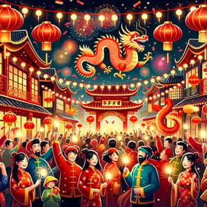 Chinese New Year Celebration: Festive Crowd, Dragon Parade & Fireworks