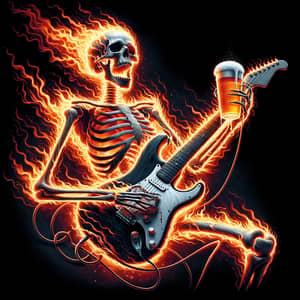 Energetic Rock Concert Skeleton in Flames with Guitar and Beer