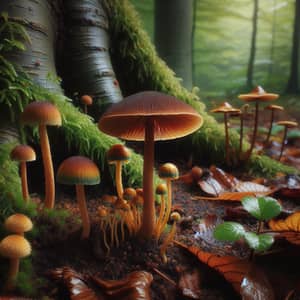 Diverse Mushroom Species in Lush Forest Setting