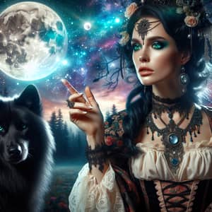 Witch with Porcelain Skin and Black Wolf under Moonlight