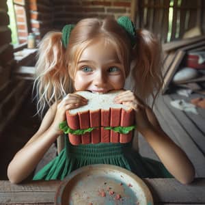 Young Girl Eating Red Brick Sandwich with Bread