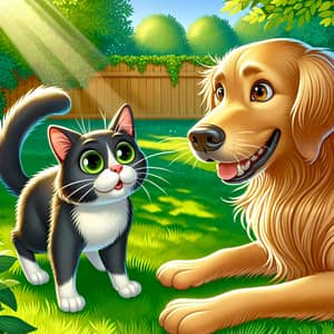Playful Scene: Cat and Dog Interaction in Sunny Backyard